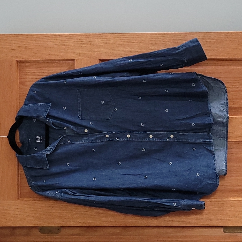 Denim button up with embroidered hearts